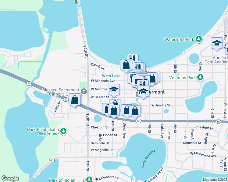 map of restaurants, bars, coffee shops, grocery stores, and more near 991 West Montrose Street in Clermont