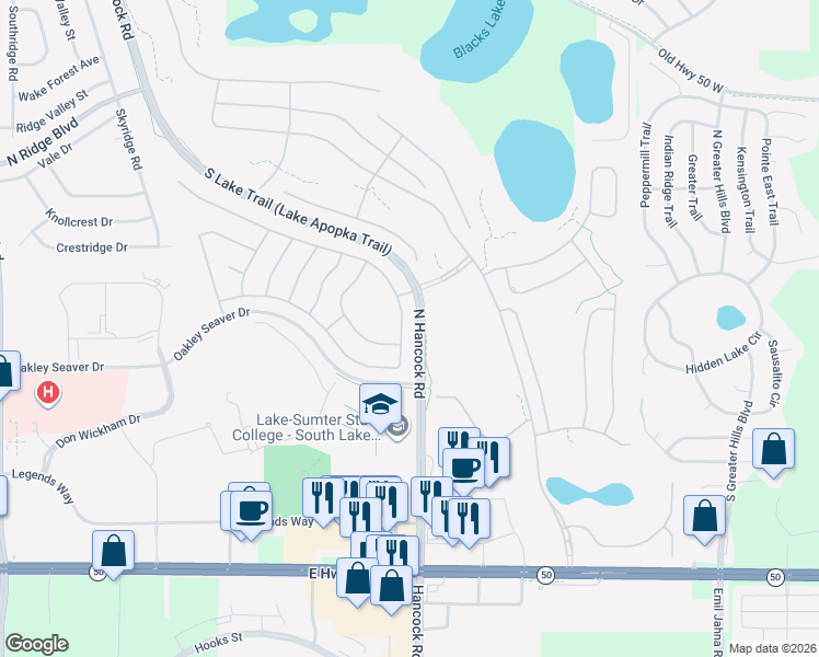 map of restaurants, bars, coffee shops, grocery stores, and more near 959 Princeton Drive in Clermont