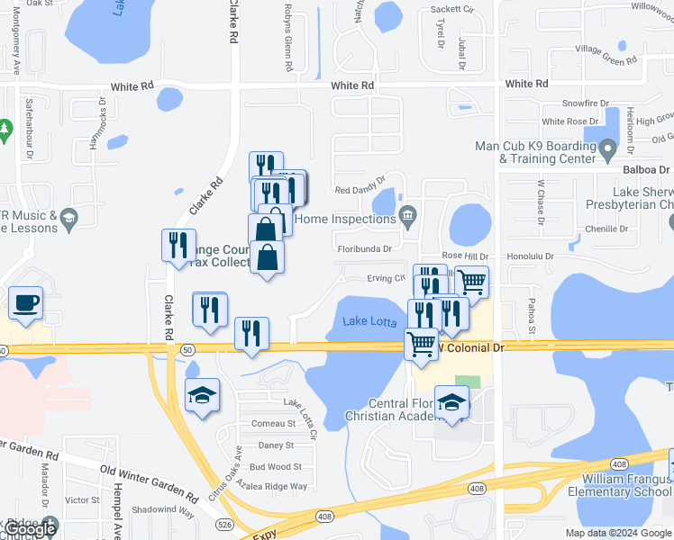 map of restaurants, bars, coffee shops, grocery stores, and more near 1101 Vintage Village Lane in Ocoee