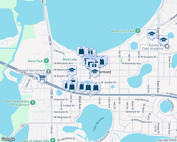 map of restaurants, bars, coffee shops, grocery stores, and more near 836 West Montrose Street in Clermont