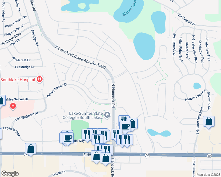map of restaurants, bars, coffee shops, grocery stores, and more near 959 Princeton Drive in Clermont