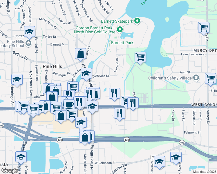 map of restaurants, bars, coffee shops, grocery stores, and more near 817 Pickfield Court in Orlando