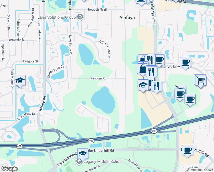 map of restaurants, bars, coffee shops, grocery stores, and more near 11450 Fangorn Road in Orlando