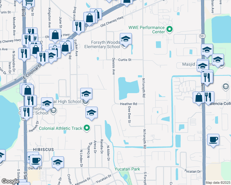 map of restaurants, bars, coffee shops, grocery stores, and more near 800 Dennis Avenue in Orlando