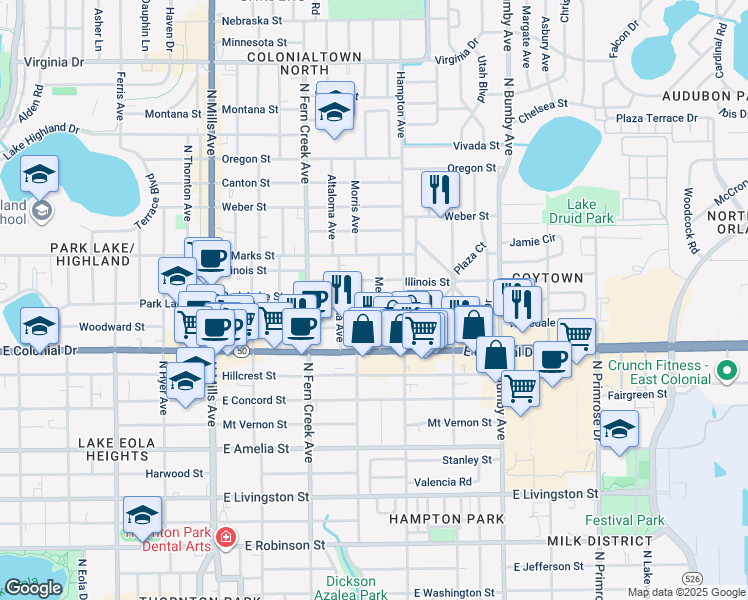 map of restaurants, bars, coffee shops, grocery stores, and more near 1902 Illinois Street in Orlando