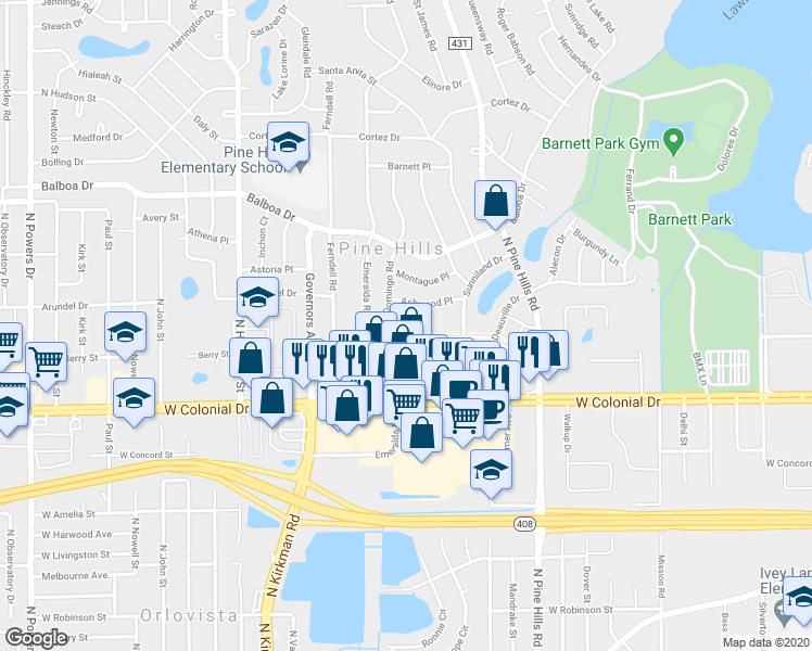 map of restaurants, bars, coffee shops, grocery stores, and more near 5222 Ashwood Place in Orlando