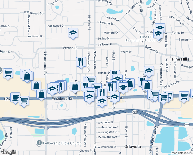 map of restaurants, bars, coffee shops, grocery stores, and more near 1007 Observatory Court in Orlando