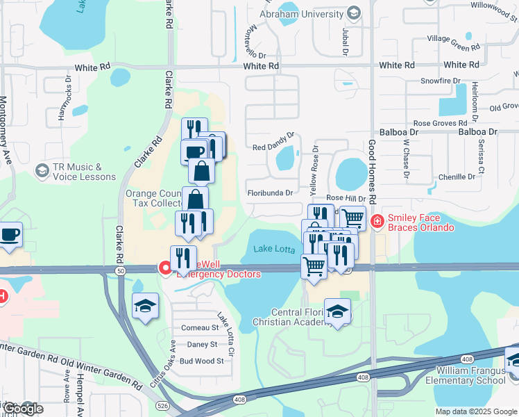 map of restaurants, bars, coffee shops, grocery stores, and more near 9060 Floribunda Drive in Orlando