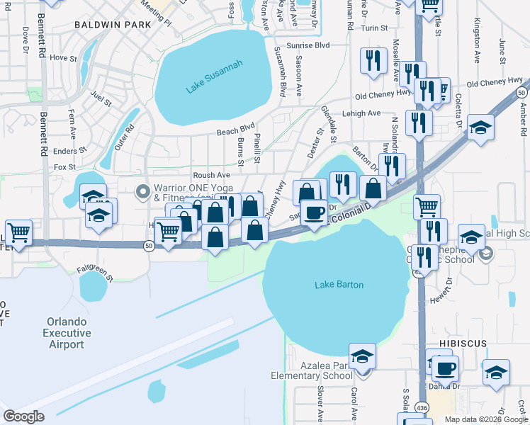 map of restaurants, bars, coffee shops, grocery stores, and more near 5056 Old Cheney Highway in Orlando