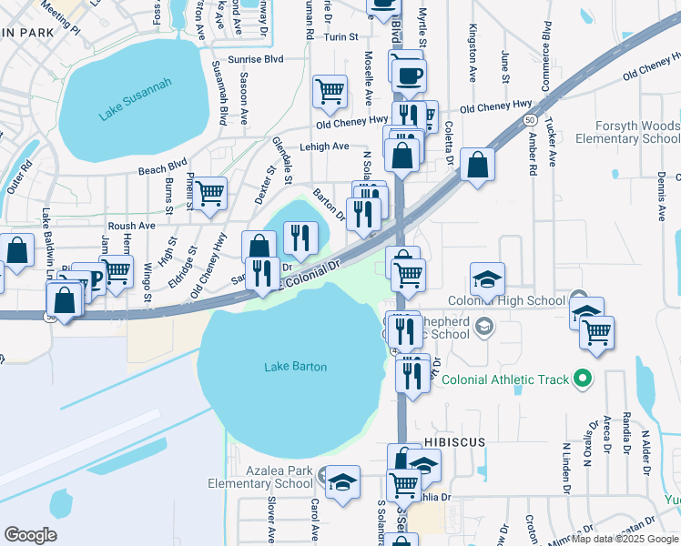 map of restaurants, bars, coffee shops, grocery stores, and more near 5520 East Colonial Drive in Orlando