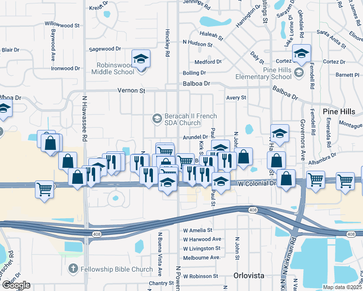 map of restaurants, bars, coffee shops, grocery stores, and more near 1007 Observatory Court in Orlando