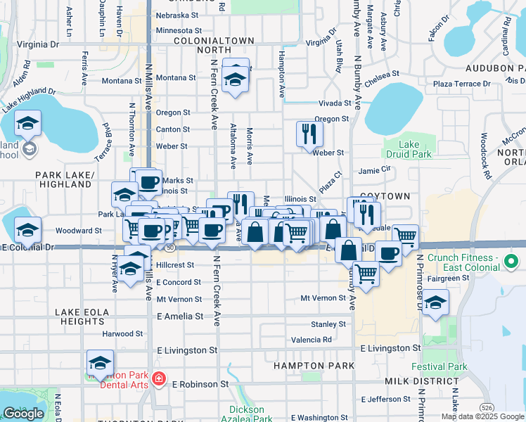 map of restaurants, bars, coffee shops, grocery stores, and more near 1902 Illinois Street in Orlando