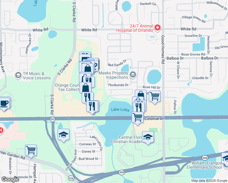 map of restaurants, bars, coffee shops, grocery stores, and more near 9060 Floribunda Drive in Orlando