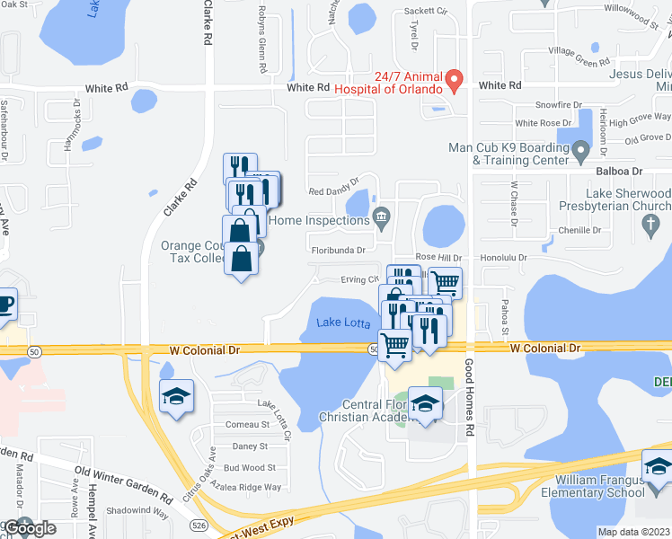 map of restaurants, bars, coffee shops, grocery stores, and more near 2035 Erving Circle in Ocoee