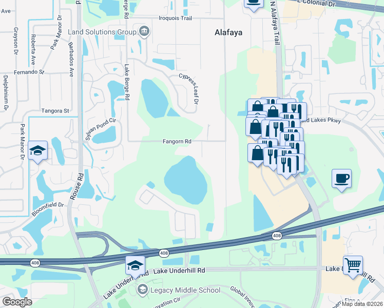 map of restaurants, bars, coffee shops, grocery stores, and more near 11450 Fangorn Road in Orlando