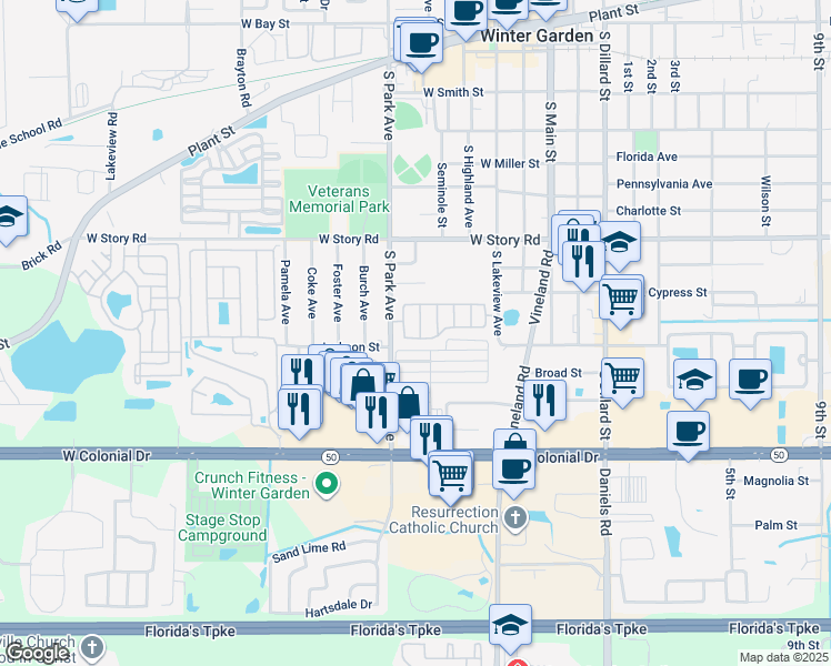 map of restaurants, bars, coffee shops, grocery stores, and more near 2 Hamlin Road in Winter Garden