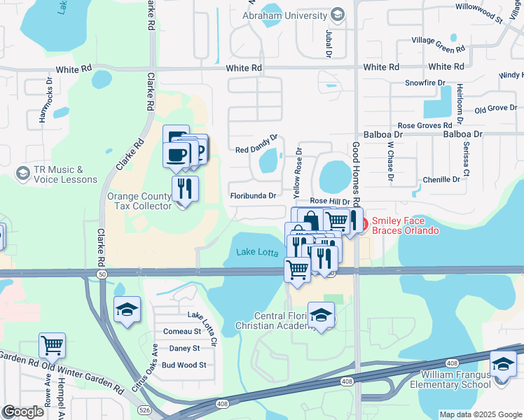 map of restaurants, bars, coffee shops, grocery stores, and more near 9024 Floribunda Drive in Orlando