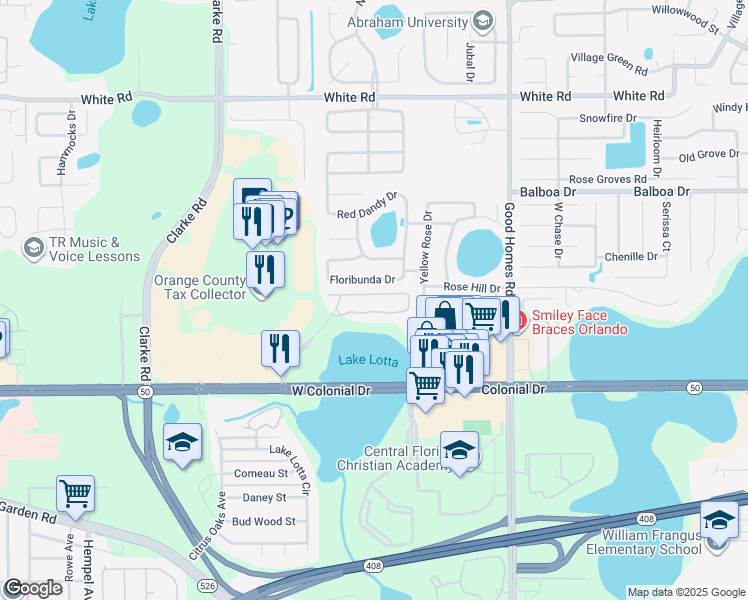 map of restaurants, bars, coffee shops, grocery stores, and more near 9024 Floribunda Drive in Orlando