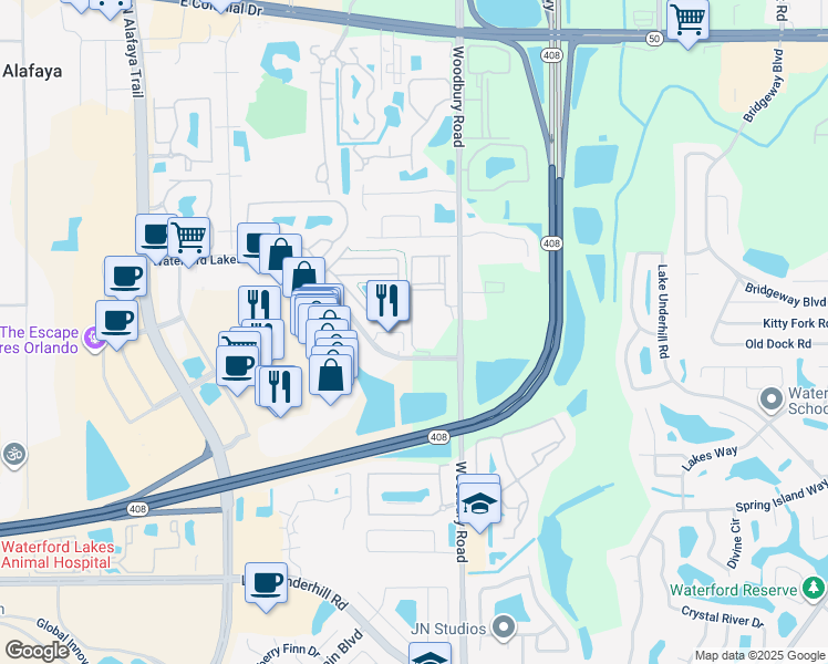 map of restaurants, bars, coffee shops, grocery stores, and more near 1317 Waterford Oak Drive in Orlando