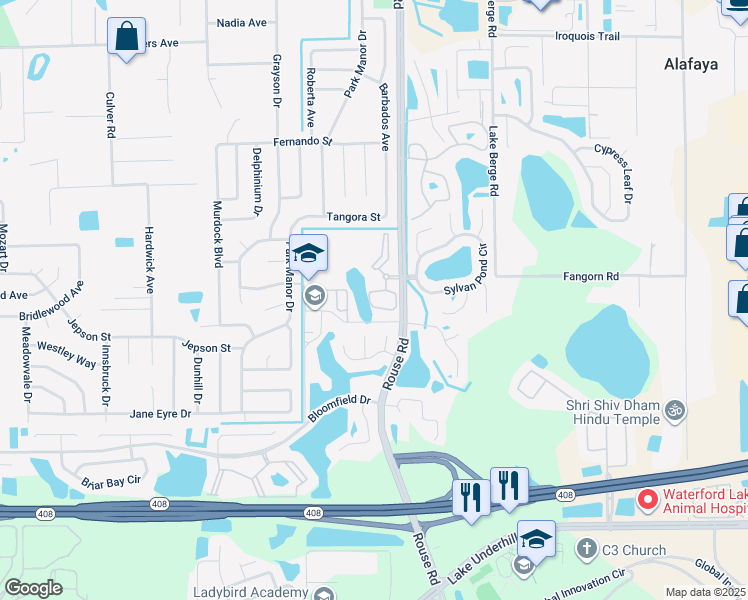 map of restaurants, bars, coffee shops, grocery stores, and more near 513 Cedar Bend Circle in Alafaya