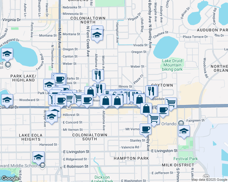 map of restaurants, bars, coffee shops, grocery stores, and more near 1902 Illinois Street in Orlando