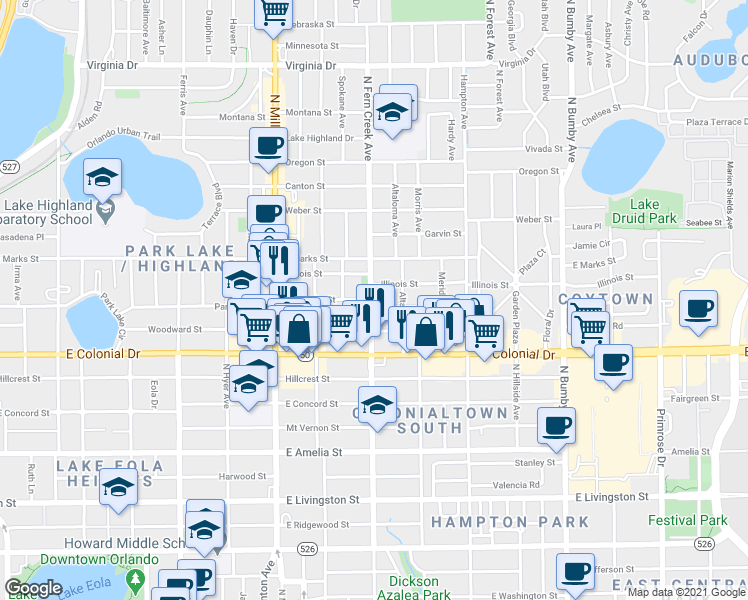 map of restaurants, bars, coffee shops, grocery stores, and more near 813 North Fern Creek Avenue in Orlando