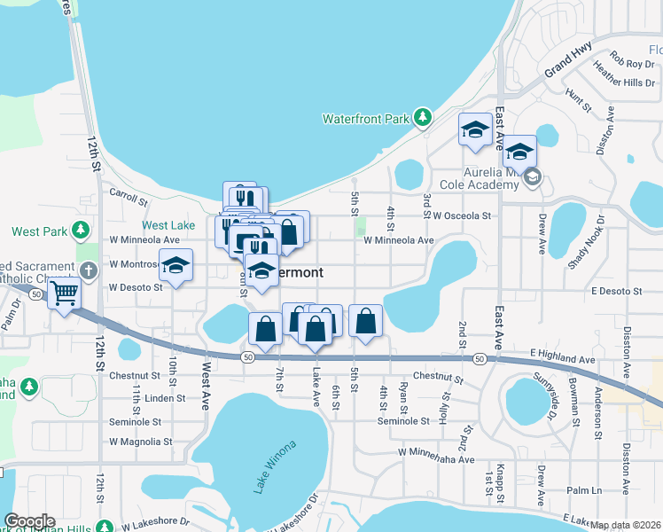 map of restaurants, bars, coffee shops, grocery stores, and more near 647A Lake Avenue in Clermont