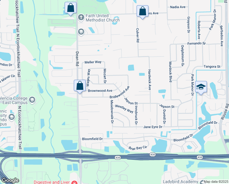 map of restaurants, bars, coffee shops, grocery stores, and more near 10308 Brownwood Avenue in Orlando
