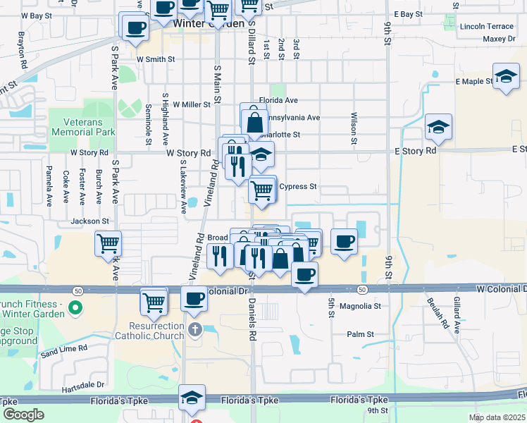 map of restaurants, bars, coffee shops, grocery stores, and more near 723 South Dillard Street in Winter Garden