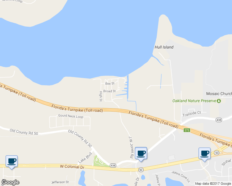 map of restaurants, bars, coffee shops, grocery stores, and more near 17524 Broad Street in Winter Garden
