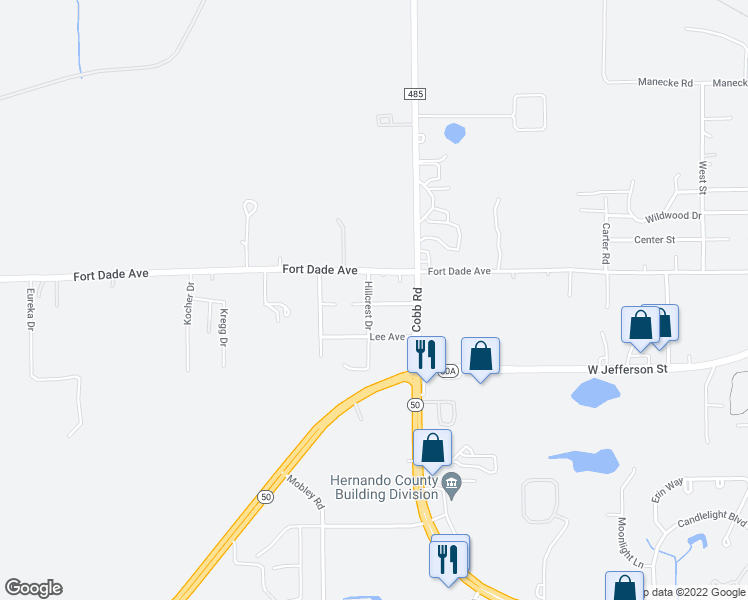 map of restaurants, bars, coffee shops, grocery stores, and more near 18443 Shady Side Drive in Brooksville