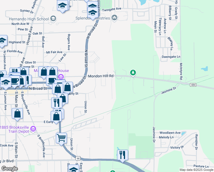 map of restaurants, bars, coffee shops, grocery stores, and more near 99 Kohen Road in Brooksville