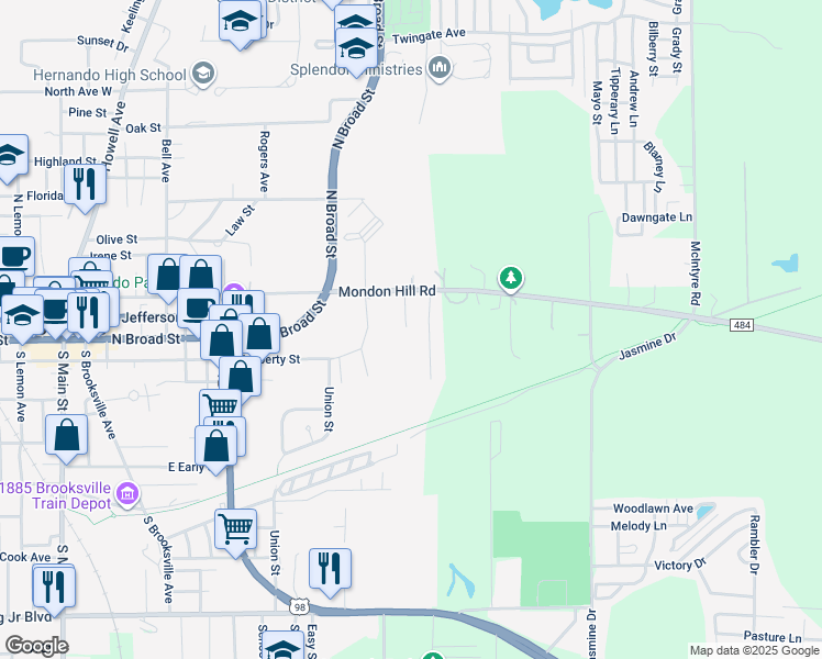 map of restaurants, bars, coffee shops, grocery stores, and more near 99 Kohen Road in Brooksville