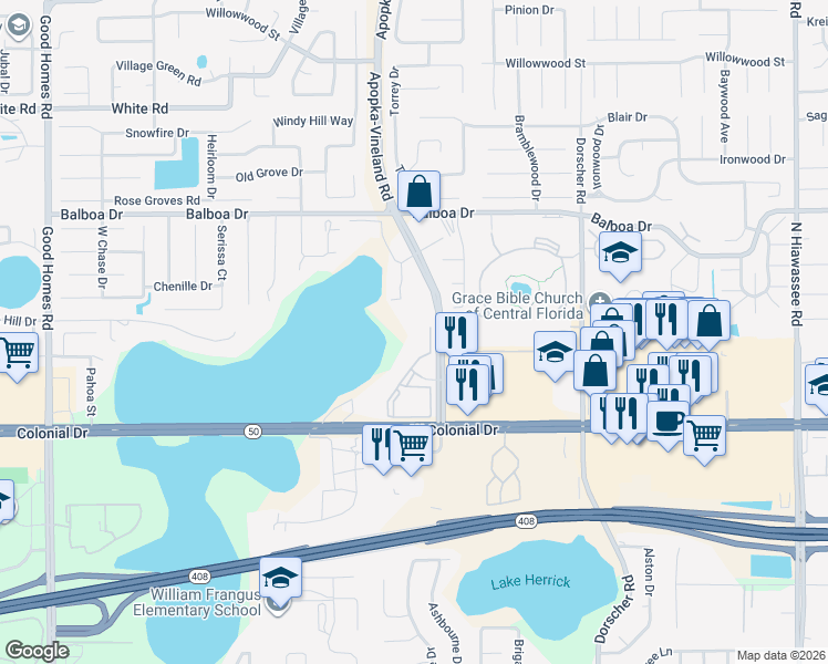 map of restaurants, bars, coffee shops, grocery stores, and more near 764 Sherwood Terrace Drive in Orlando