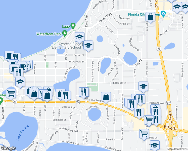 map of restaurants, bars, coffee shops, grocery stores, and more near 689 Prince Edward Avenue in Clermont