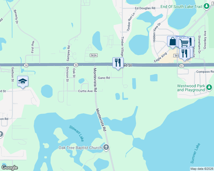 map of restaurants, bars, coffee shops, grocery stores, and more near 7350 Gano Road in Groveland