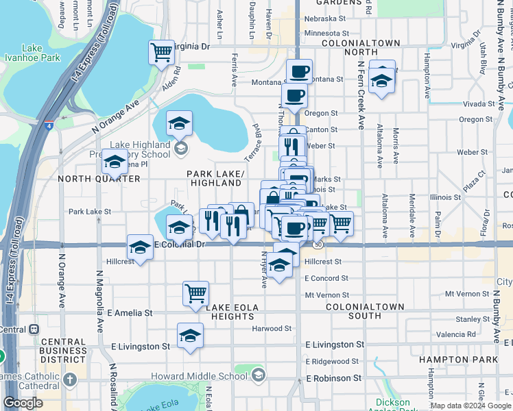map of restaurants, bars, coffee shops, grocery stores, and more near 817 Laurel Avenue in Orlando