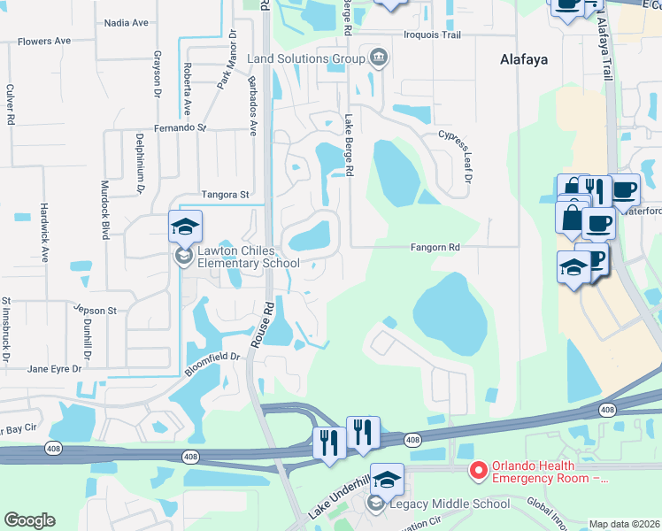 map of restaurants, bars, coffee shops, grocery stores, and more near 740 Pond Pine Court in Orlando