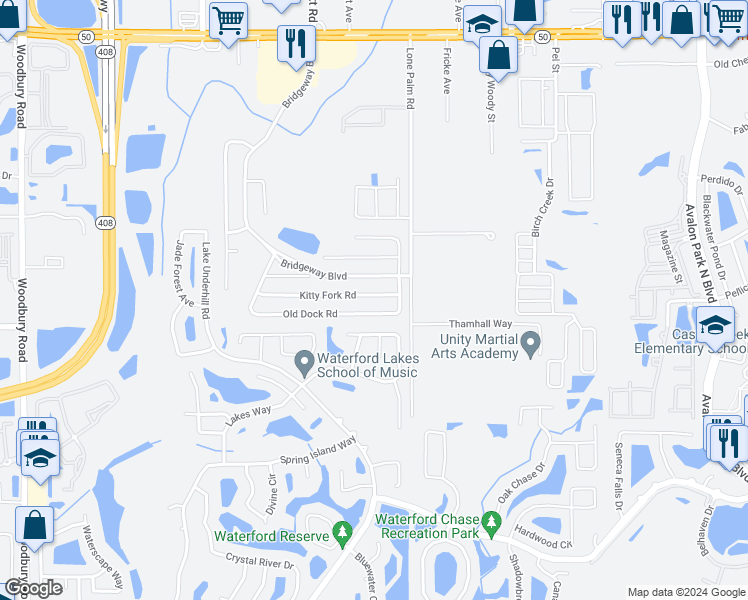 map of restaurants, bars, coffee shops, grocery stores, and more near 13536 Kitty Fork Road in Orlando