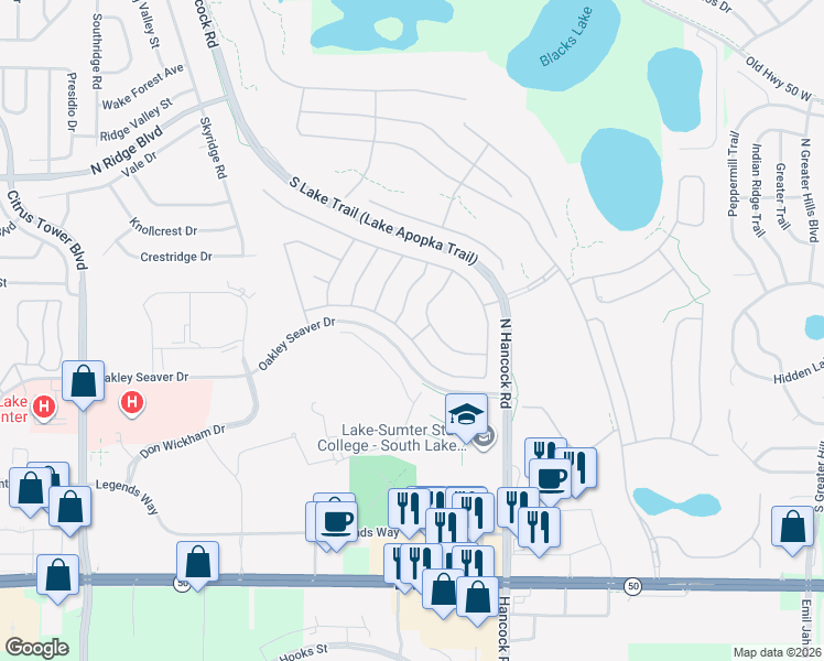 map of restaurants, bars, coffee shops, grocery stores, and more near 1056 Princeton Drive in Clermont