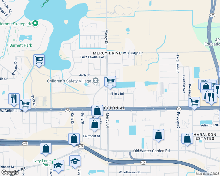 map of restaurants, bars, coffee shops, grocery stores, and more near 917 Mercy Drive in Orlando