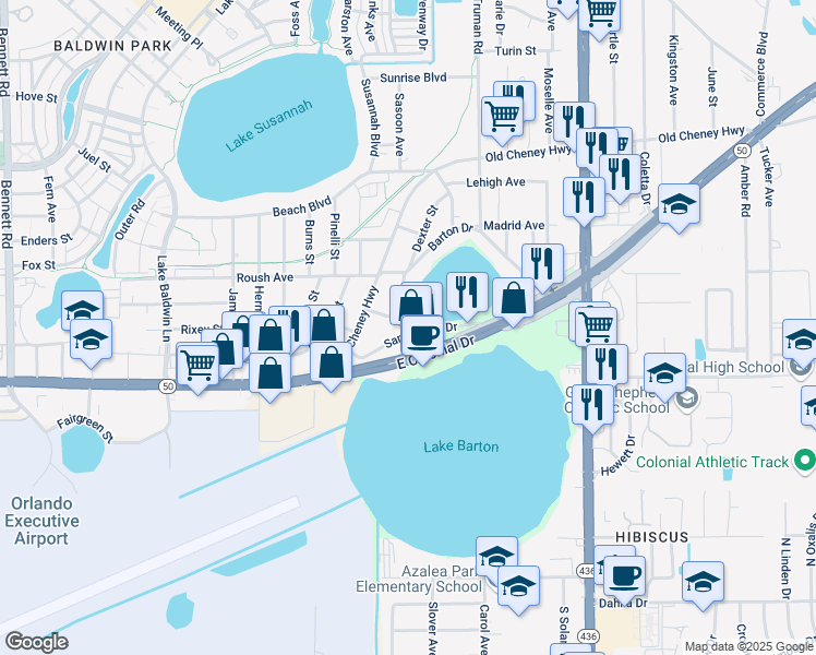 map of restaurants, bars, coffee shops, grocery stores, and more near 5060 Gypsy Lane in Orlando