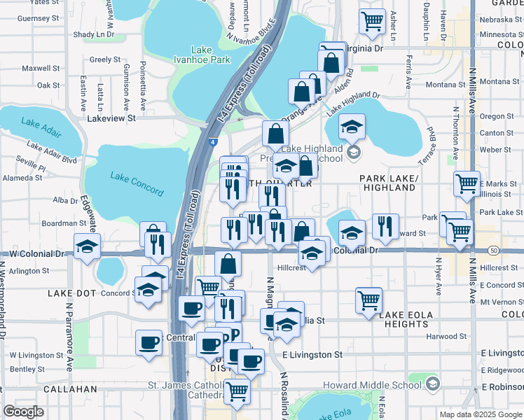 map of restaurants, bars, coffee shops, grocery stores, and more near 800 North Magnolia Avenue in Orlando
