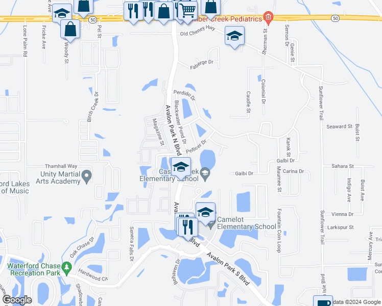 map of restaurants, bars, coffee shops, grocery stores, and more near 1157 Blackwater Pond Drive in Orlando