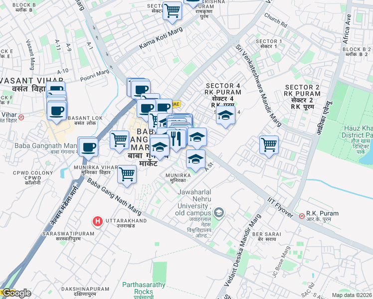 map of restaurants, bars, coffee shops, grocery stores, and more near 66 Bank Street in New Delhi