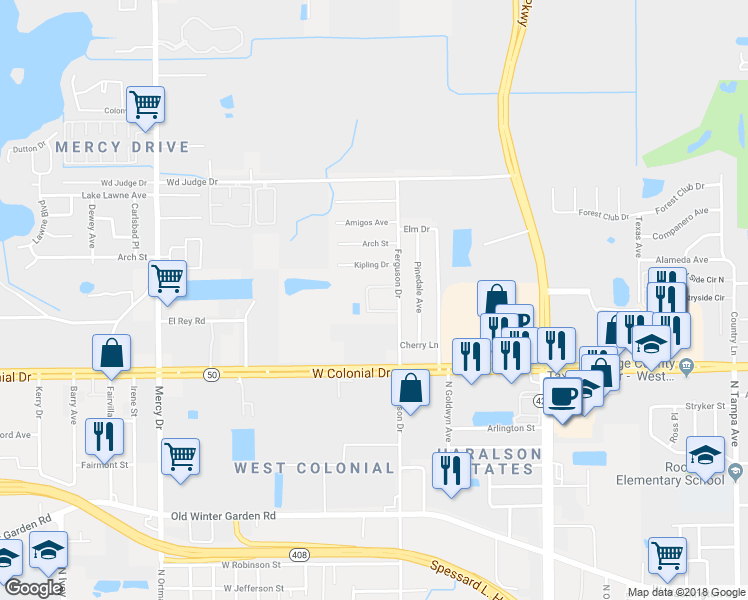 map of restaurants, bars, coffee shops, grocery stores, and more near 3500 Meadow Lake Lane in Orlando