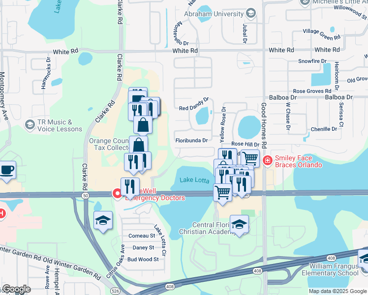 map of restaurants, bars, coffee shops, grocery stores, and more near 9060 Floribunda Drive in Orlando
