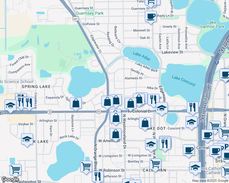 map of restaurants, bars, coffee shops, grocery stores, and more near 775 Ellwood Avenue in Orlando