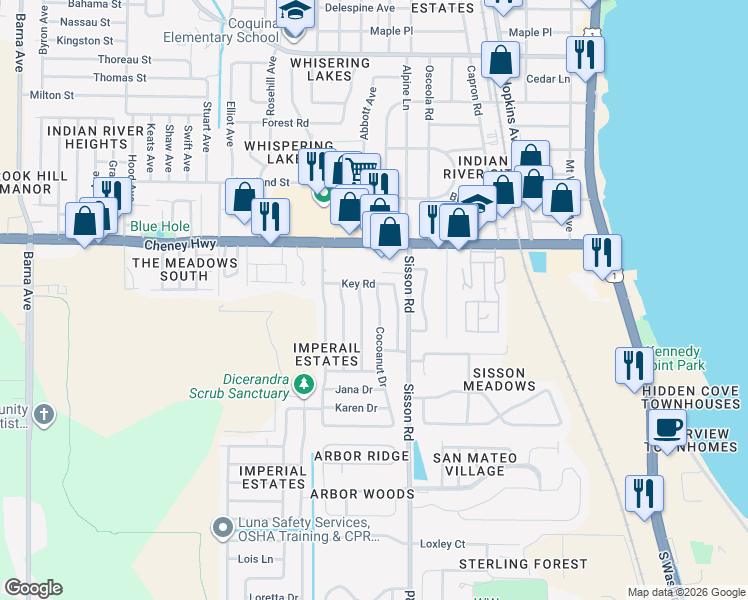 map of restaurants, bars, coffee shops, grocery stores, and more near 4750 Cocoanut Drive in Titusville
