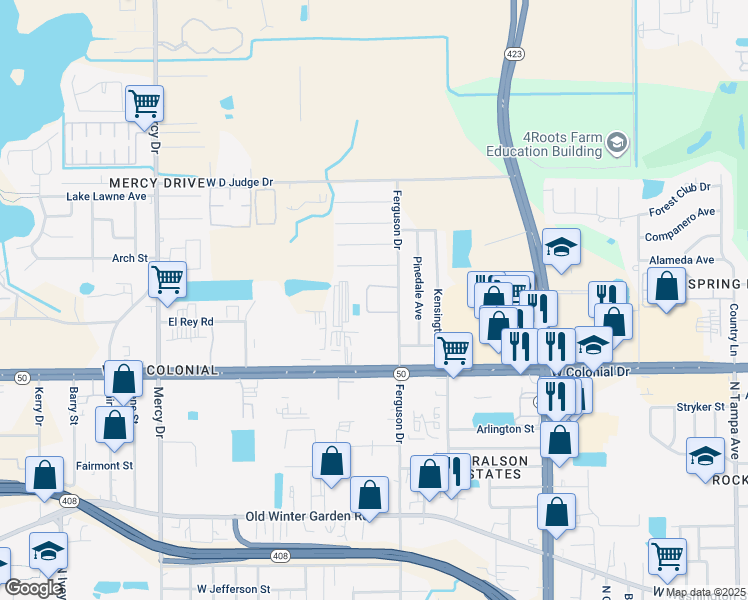 map of restaurants, bars, coffee shops, grocery stores, and more near 3500 Meadow Lake Lane in Orlando